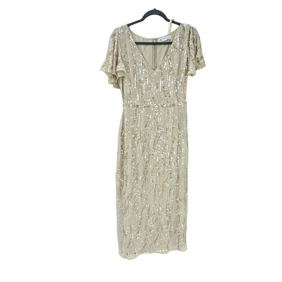 Mac Duggal Oyster Beige Sequined V Neck Flutter Sleeve Tea Length Dress 6 NWT - Picture 10 of 11
